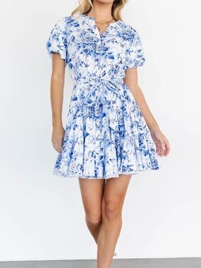 Baltic Born Mikki Mini Dress Blue White Floral Birds Cottagecore Belted Medium